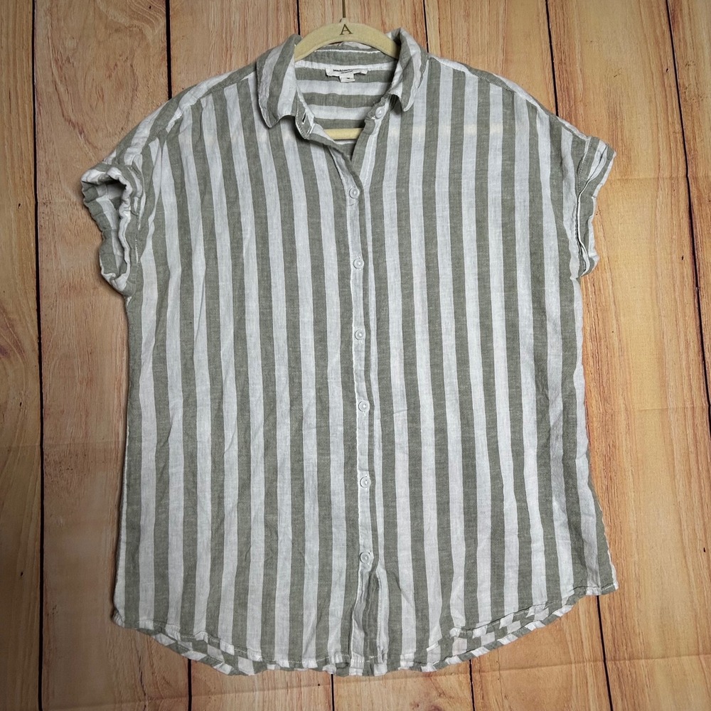 Beachlunchlounge Button Down Shirt Women M Green White Strip Linen Blend Coastal